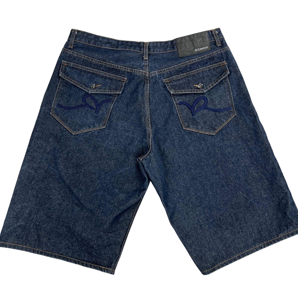 Rocawear Baggy Embroidered Denim Shorts 40 Blue Mens Y2K Hip Hop Jorts Skate